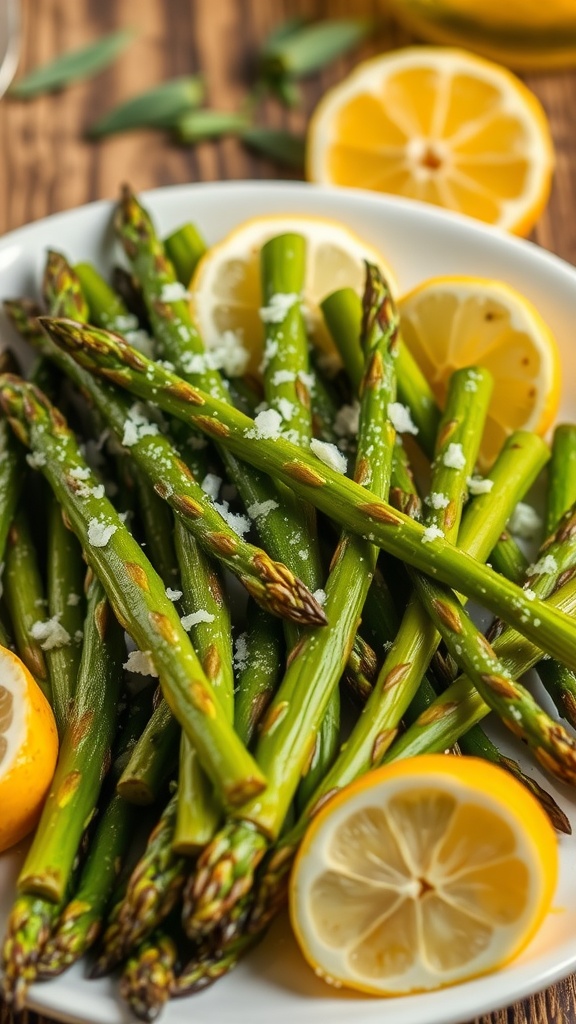 A plate of perfectly roasted asparagus garnished with lemon and parmesan.